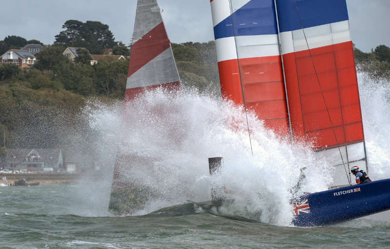 Great Britain SailGP Team nose dive during the first official race of Cowes SailGP causing extensive damage to their F50