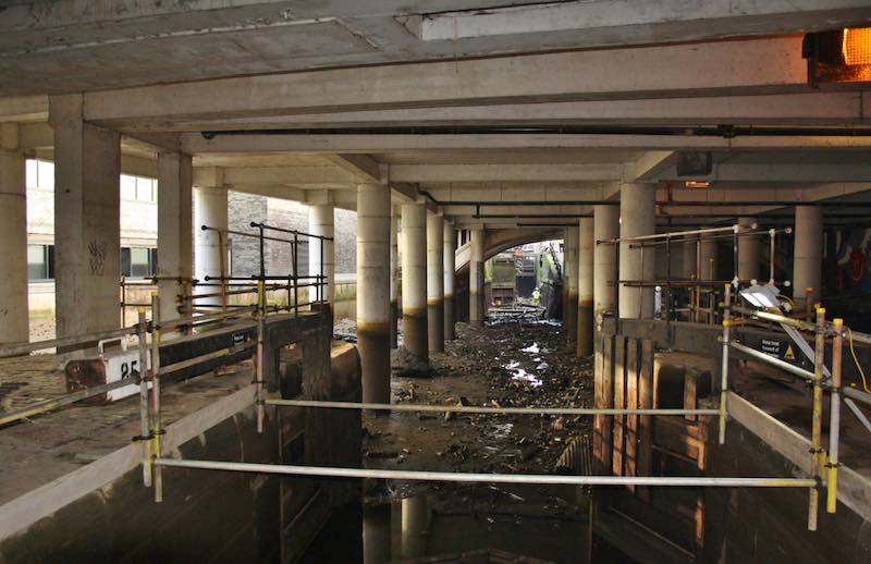 Drained canal in the Piccadilly Undercroft