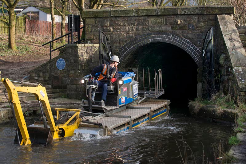 Floating tractor to clear a blockage to get Britain’s longest canal tunnel back open|Standedge Tunnel clearance|Standedge Tunnel clearance|Standedge Tunnel clearance