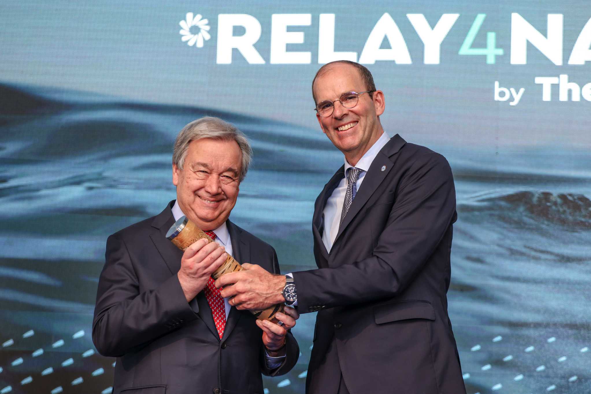 The Ocean Race 2022-23. 23 January 2023. UN Secretary-General António Guterres receives the Relay4Nature Baton at The Ocean Race Summit Cabo Verde© Sailing Energy / The Ocean Race